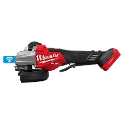 Milwaukee M18 FUEL ONE-KEY angle grinder with a red and black body, featuring a wireless connectivity icon.