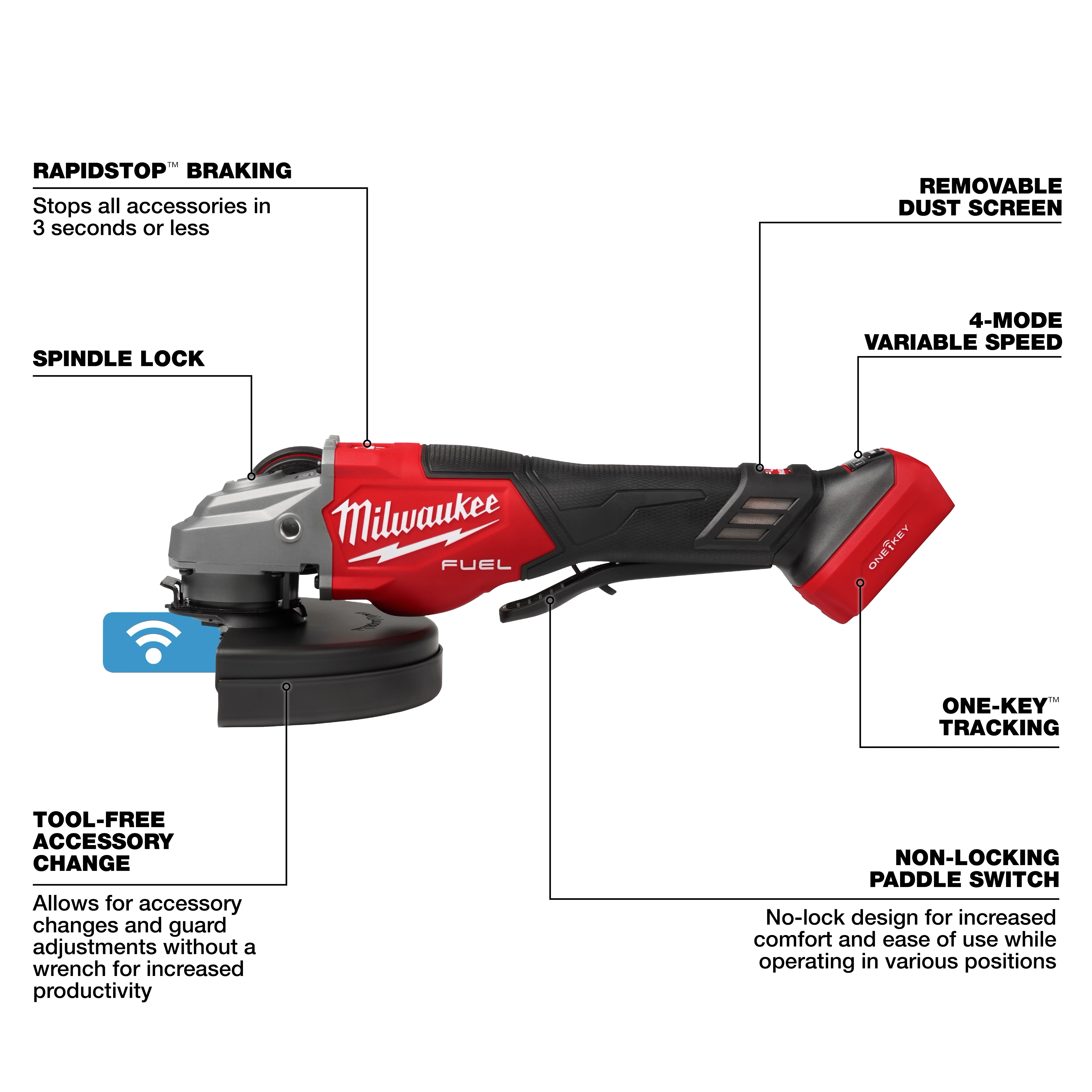 The M18 FUEL™ 4-1/2"-7" Variable Speed Braking Grinder with Paddle Switch w/ ONE-KEY™ features RapidStop™ braking, tool-free accessory change, spindle lock, removable dust screen, 4-mode variable speed, ONE-KEY™ tracking, and a non-locking paddle switch for enhanced comfort and control.