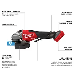 The M18 FUEL™ 4-1/2"-7" Variable Speed Braking Grinder with Paddle Switch w/ ONE-KEY™ features RapidStop™ braking, tool-free accessory change, spindle lock, removable dust screen, 4-mode variable speed, ONE-KEY™ tracking, and a non-locking paddle switch for enhanced comfort and control.