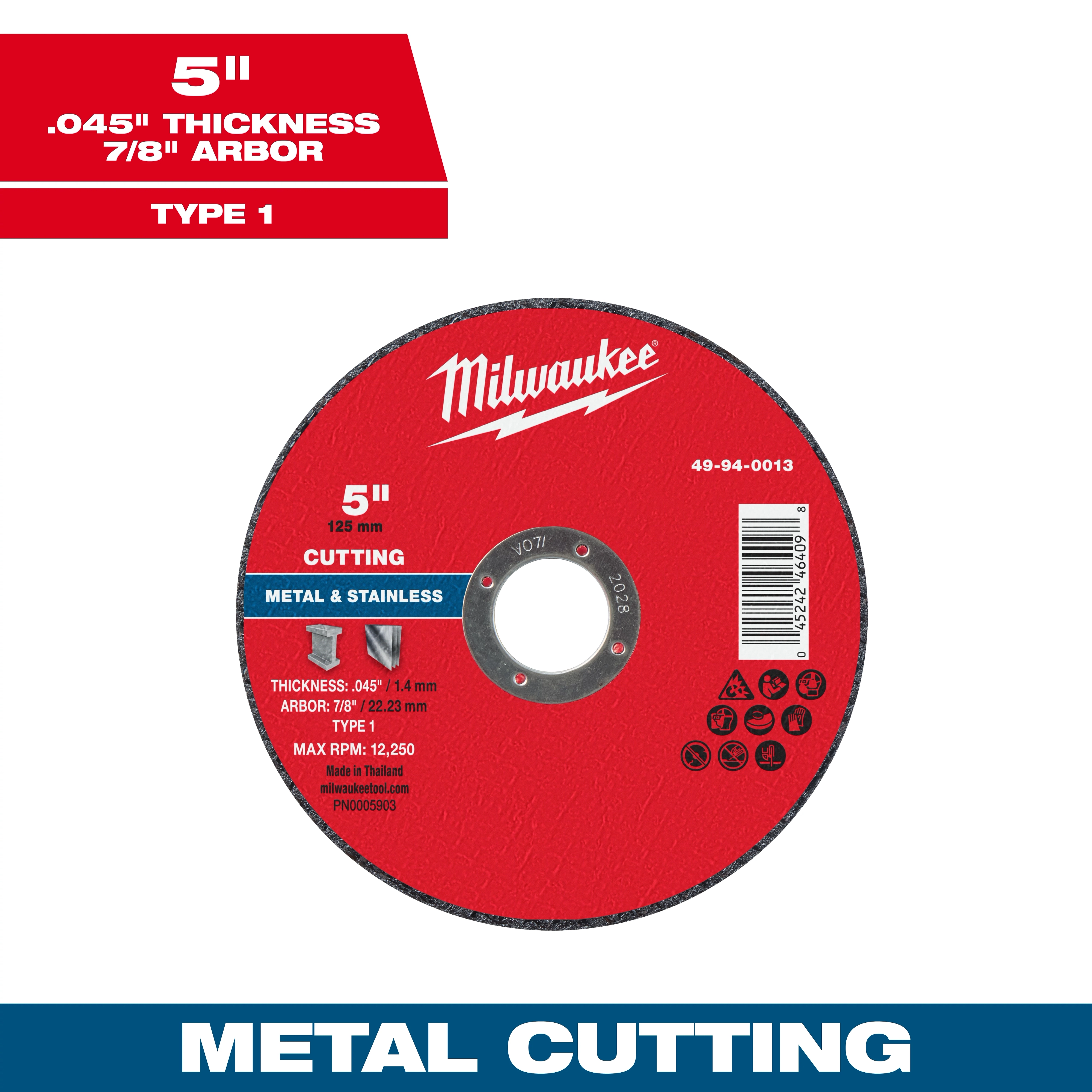5" x .045" x 7/8" Metal Cut Off Wheel - Type 1, designed for cutting metal and stainless, with a max RPM of 12,250.
