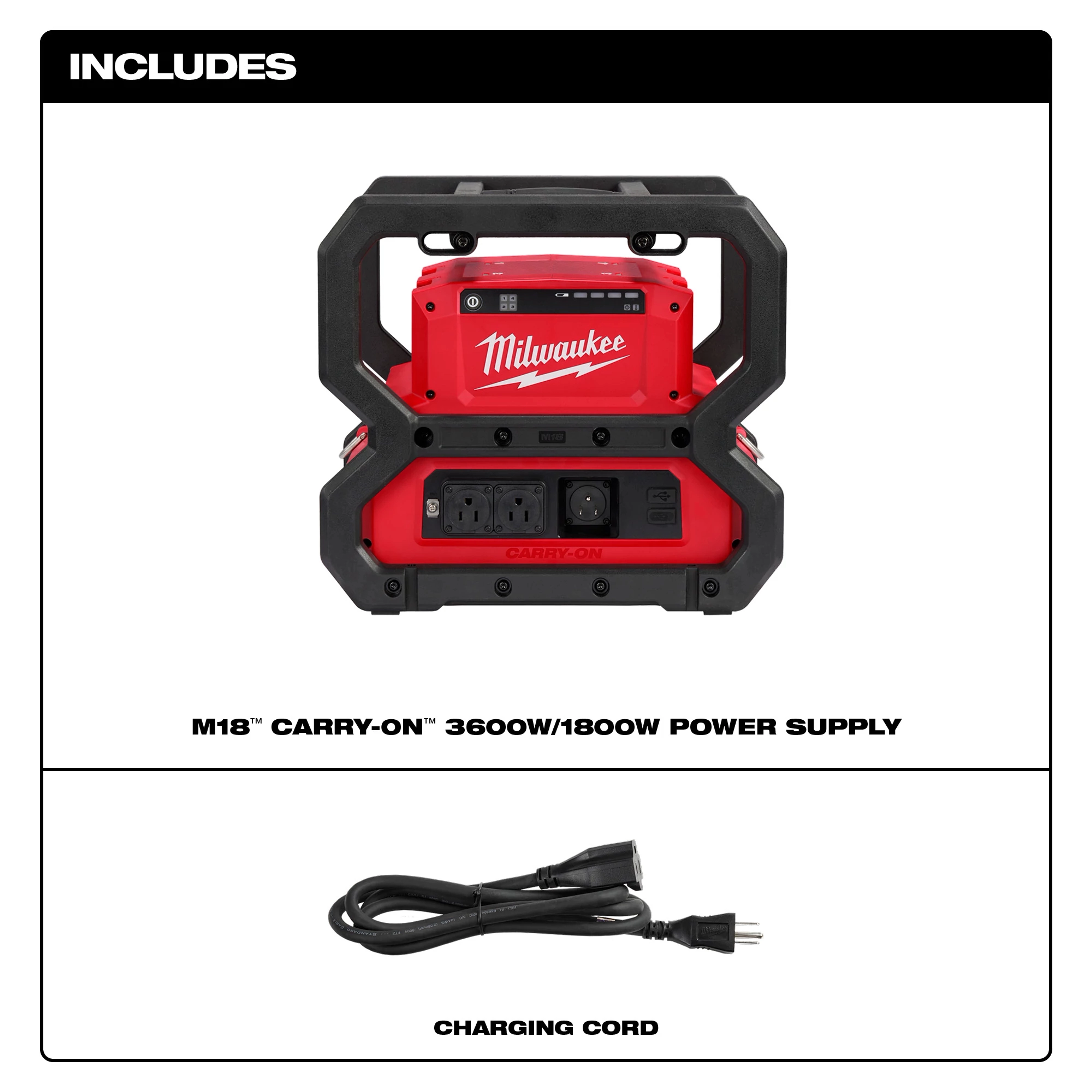 M18 CARRY-ON Power Supply includes a red power supply with two outlets and a USB port, and a separate charging cord.