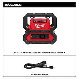M18 CARRY-ON Power Supply includes a red power supply with two outlets and a USB port, and a separate charging cord.