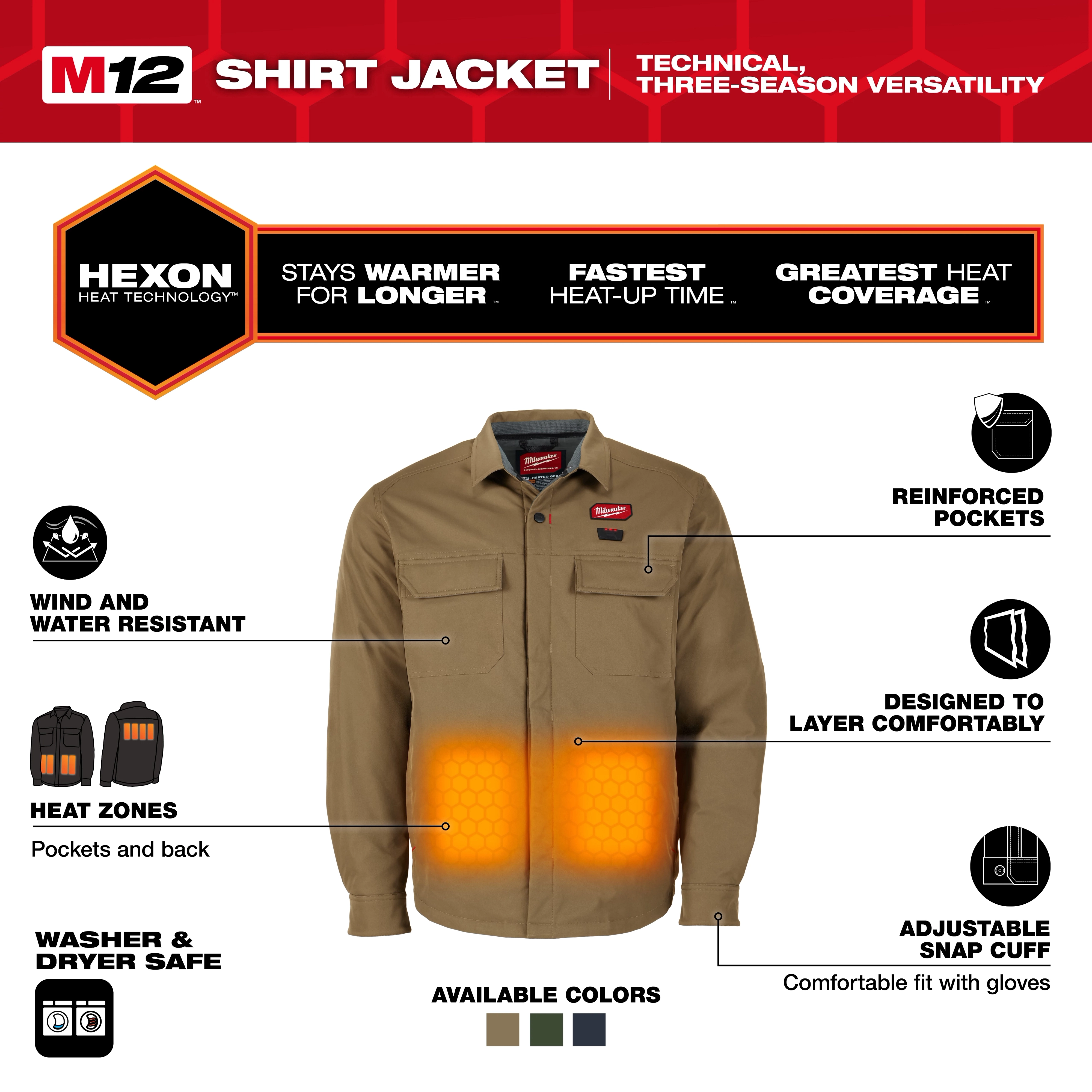 M12 Shirt Jacket - Khaki 2X, 3X, L, M, S, XL shown front-facing with highlighted heat zones and feature icons.