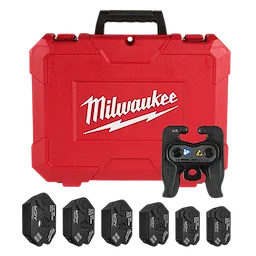 The image shows the 1/4"-7/8" STREAMLINE® ACR Pivoting Press Ring Kit for M12™ FORCE LOGIC™ Press Tool. It includes a red Milwaukee-branded case, a pivoting press ring, and seven press jaws arranged in front of the case.