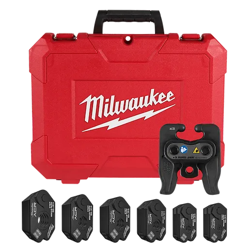 The image shows the 1/4"-7/8" STREAMLINE® ACR Pivoting Press Ring Kit for M12™ FORCE LOGIC™ Press Tool. It includes a red Milwaukee-branded case, a pivoting press ring, and seven press jaws arranged in front of the case.