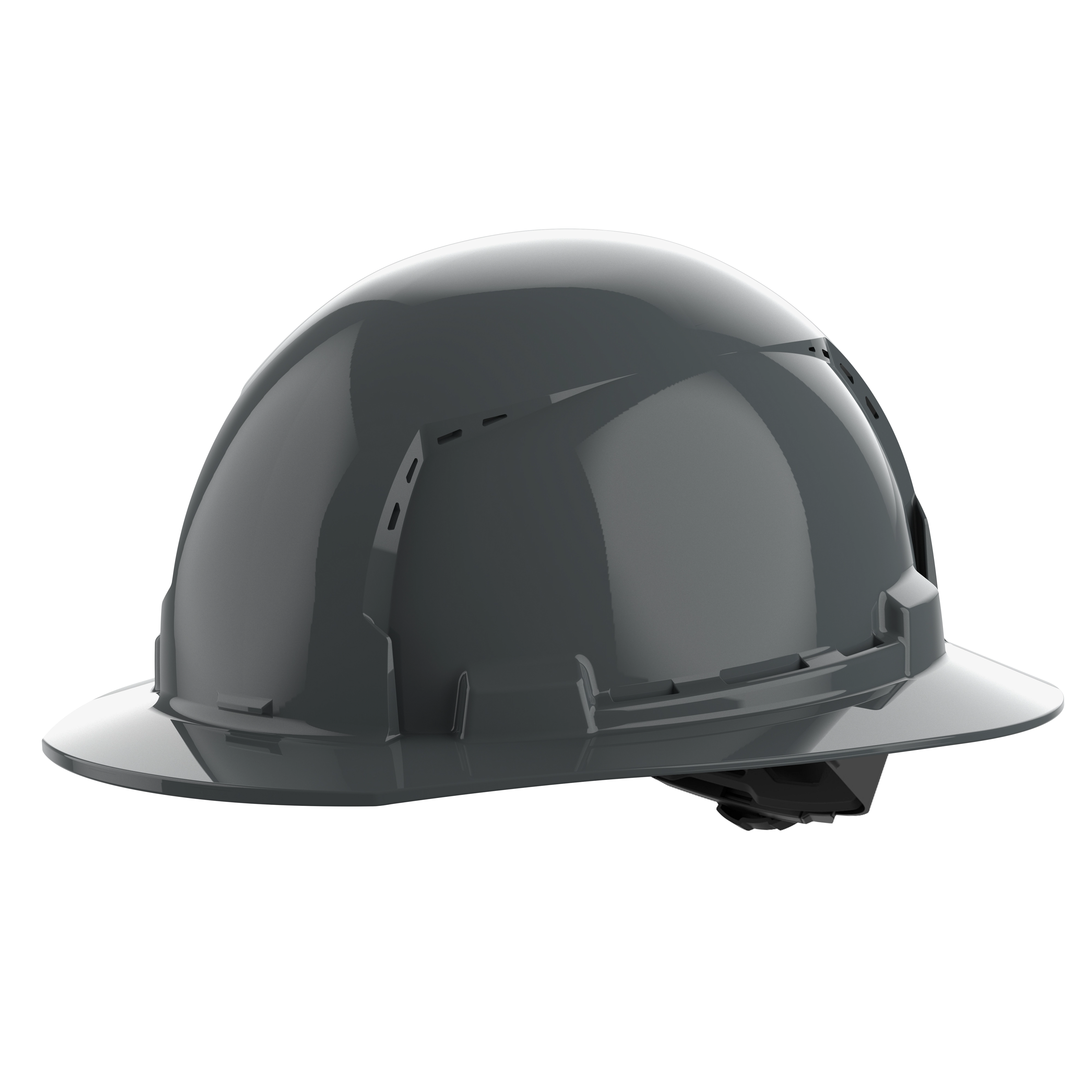 BOLT Gray Full Brim Vented Hard Hat w/4pt Ratcheting Suspension (USA) - Type 1, Class C on a plain background