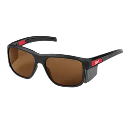 Full Frame Safety Glasses with Removable Side Shields feature brown anti-scratch lenses. The glasses have a black frame with red detailing on the arms and come with side shields for added protection. Ideal for use in construction or industrial settings requiring eye safety and durability.
