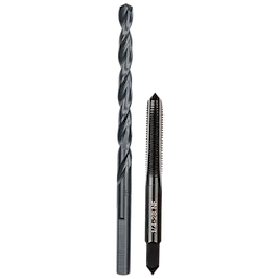 1/4"-28 NF Straight Flute Plug Tap & #3 Drill Bit set includes a spiral flute drill bit and a matching plug tap tool.