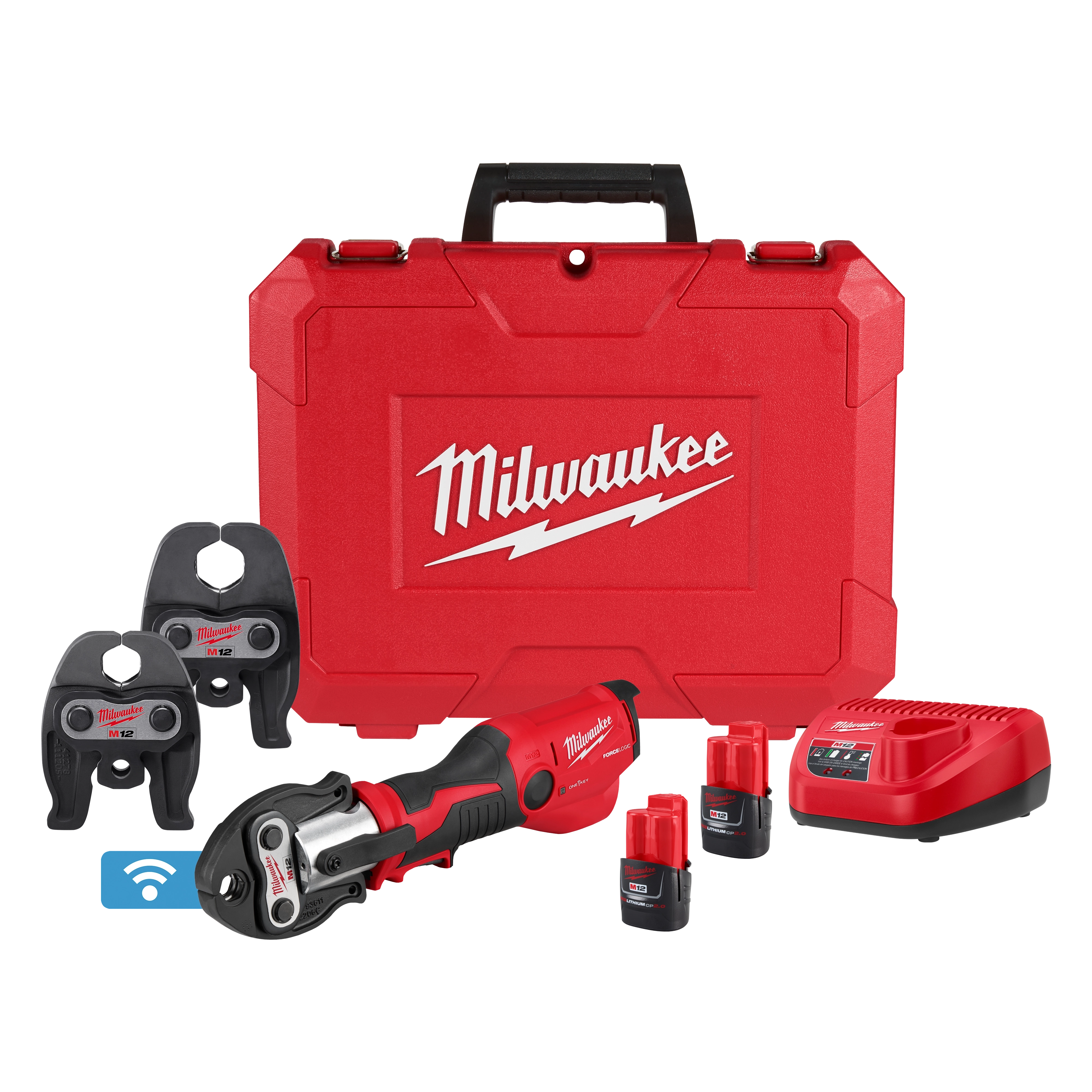 Milwaukee M12 Press Tool Kit w/ ONE-KEY with 1/2" – 1" CTS-V Jaws, includes a tool, case, charger, batteries, and jaw heads.