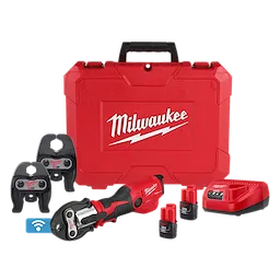 Milwaukee M12 Press Tool Kit w/ ONE-KEY with 1/2" – 1" CTS-V Jaws, includes a tool, case, charger, batteries, and jaw heads.