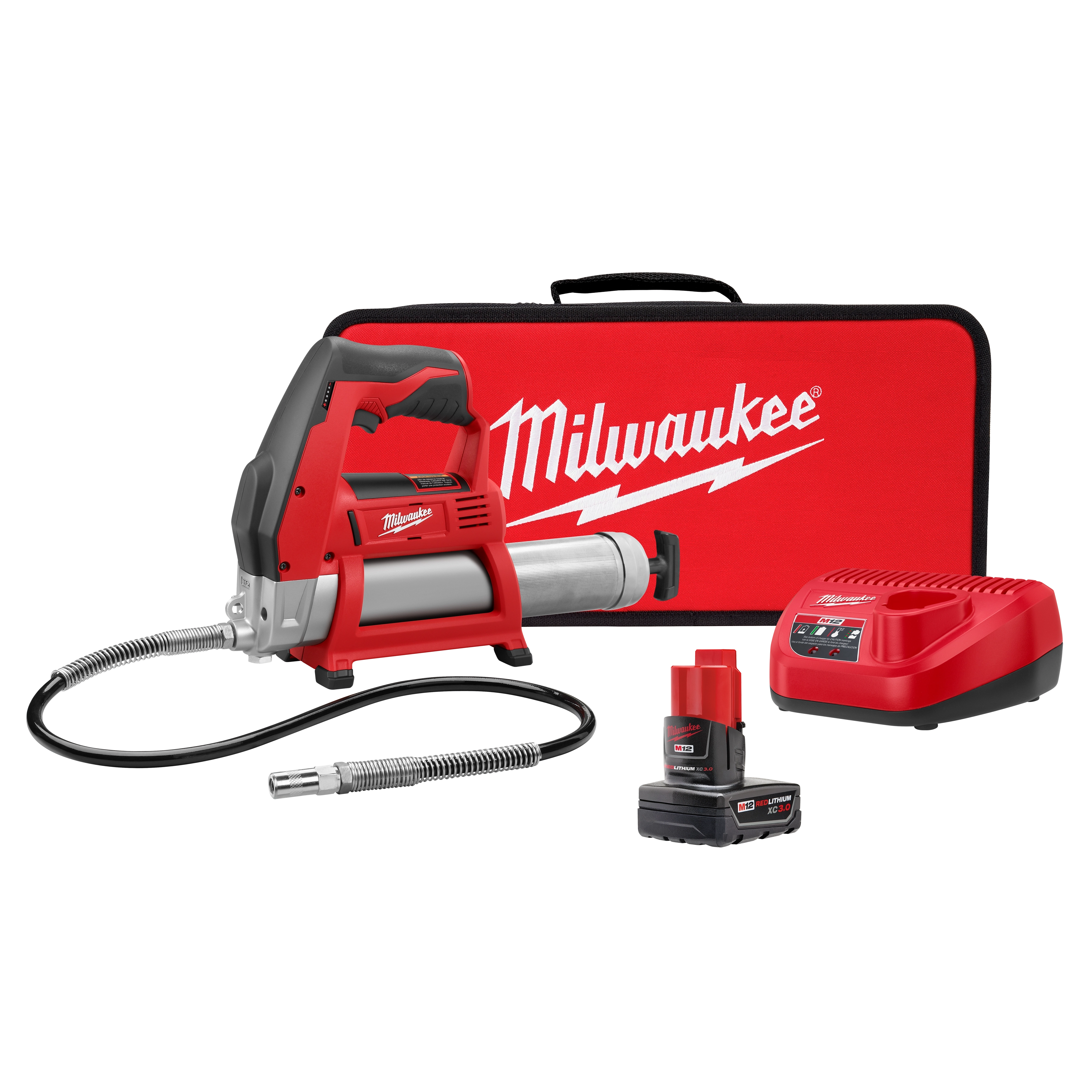 Image of the M12™ Cordless LITHIUM-ION Grease Gun Kit, including a red and silver grease gun, a battery pack, a charger, and a red carrying case with "Milwaukee" printed in white.