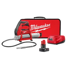 Image of the M12™ Cordless LITHIUM-ION Grease Gun Kit, including a red and silver grease gun, a battery pack, a charger, and a red carrying case with "Milwaukee" printed in white.
