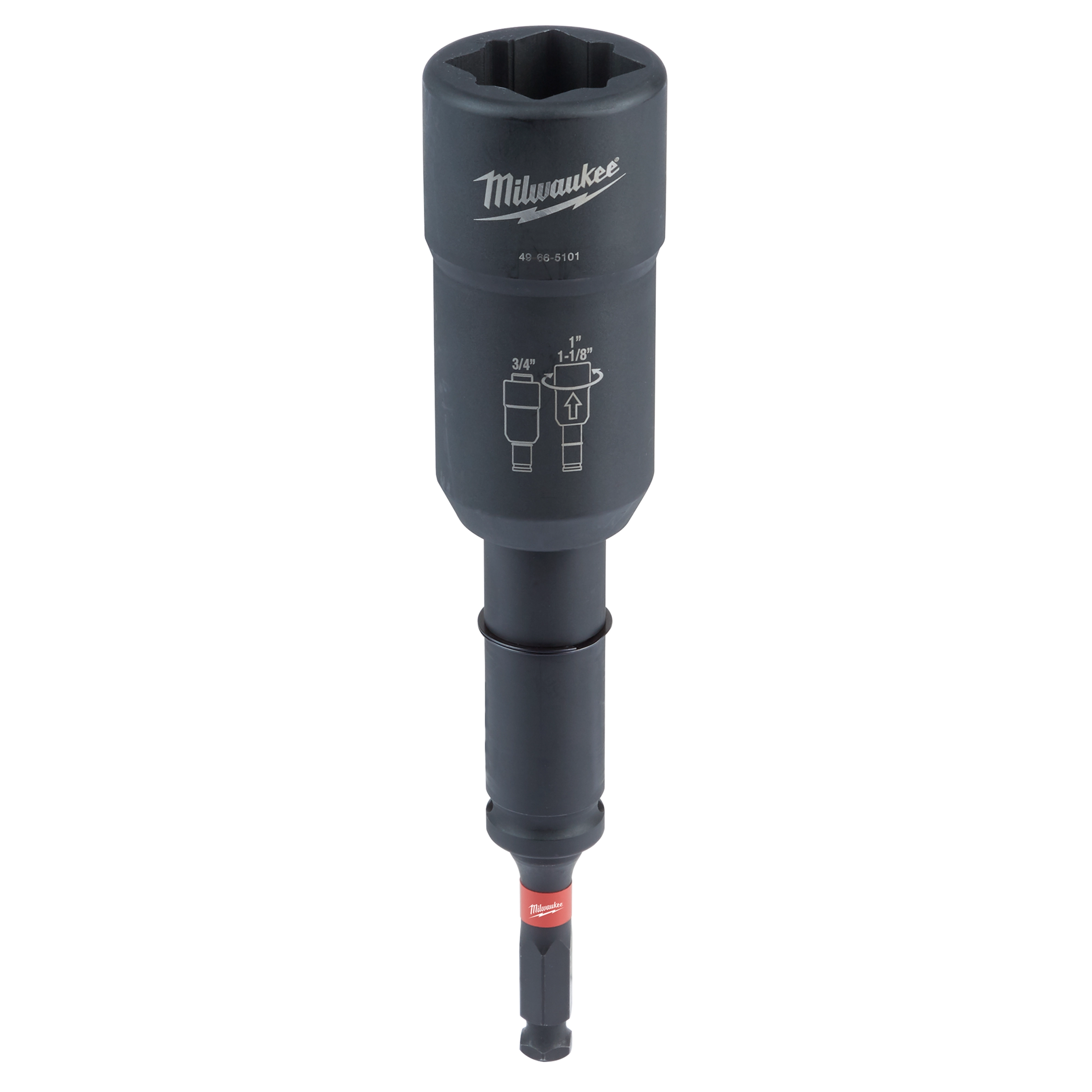 Milwaukee SHOCKWAVE™ Lineman’s 3-in-1 Distribution Utility & Transmission Sockets features a black, cylindrical design with three socket sizes indicated on the surface. The item includes a bit shaft for drilling and driving applications, with the brand name and model number inscribed on the body.