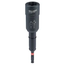 Milwaukee SHOCKWAVE™ Lineman’s 3-in-1 Distribution Utility & Transmission Sockets features a black, cylindrical design with three socket sizes indicated on the surface. The item includes a bit shaft for drilling and driving applications, with the brand name and model number inscribed on the body.