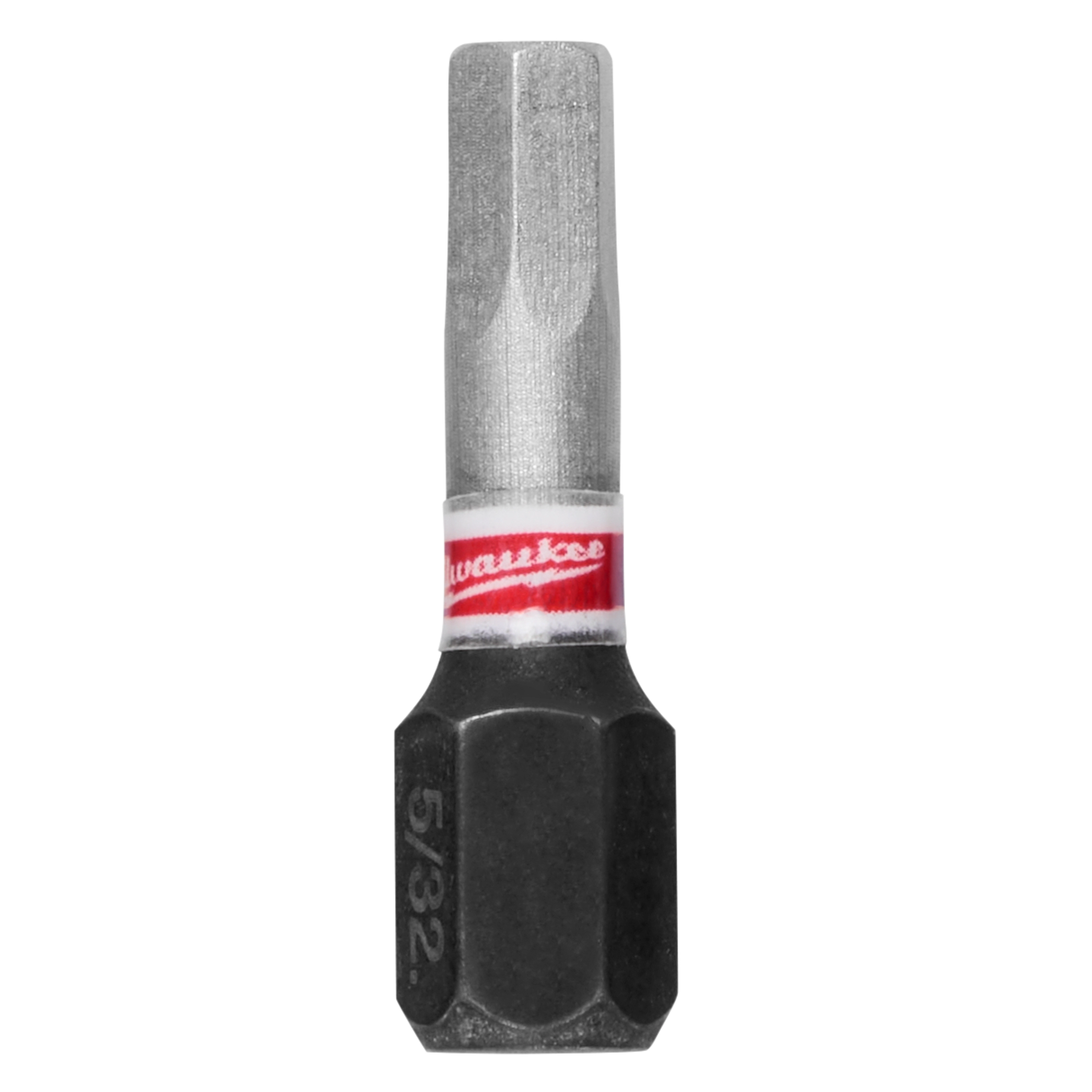 This image shows a Milwaukee 5/32 inch hex driver bit. The bit has a silver, hexagonal tip and a black base with the size engraved on it. A red and white Milwaukee label wraps around the middle.