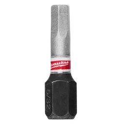 This image shows a Milwaukee 5/32 inch hex driver bit. The bit has a silver, hexagonal tip and a black base with the size engraved on it. A red and white Milwaukee label wraps around the middle.