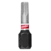 This image shows a Milwaukee 5/32 inch hex driver bit. The bit has a silver, hexagonal tip and a black base with the size engraved on it. A red and white Milwaukee label wraps around the middle.
