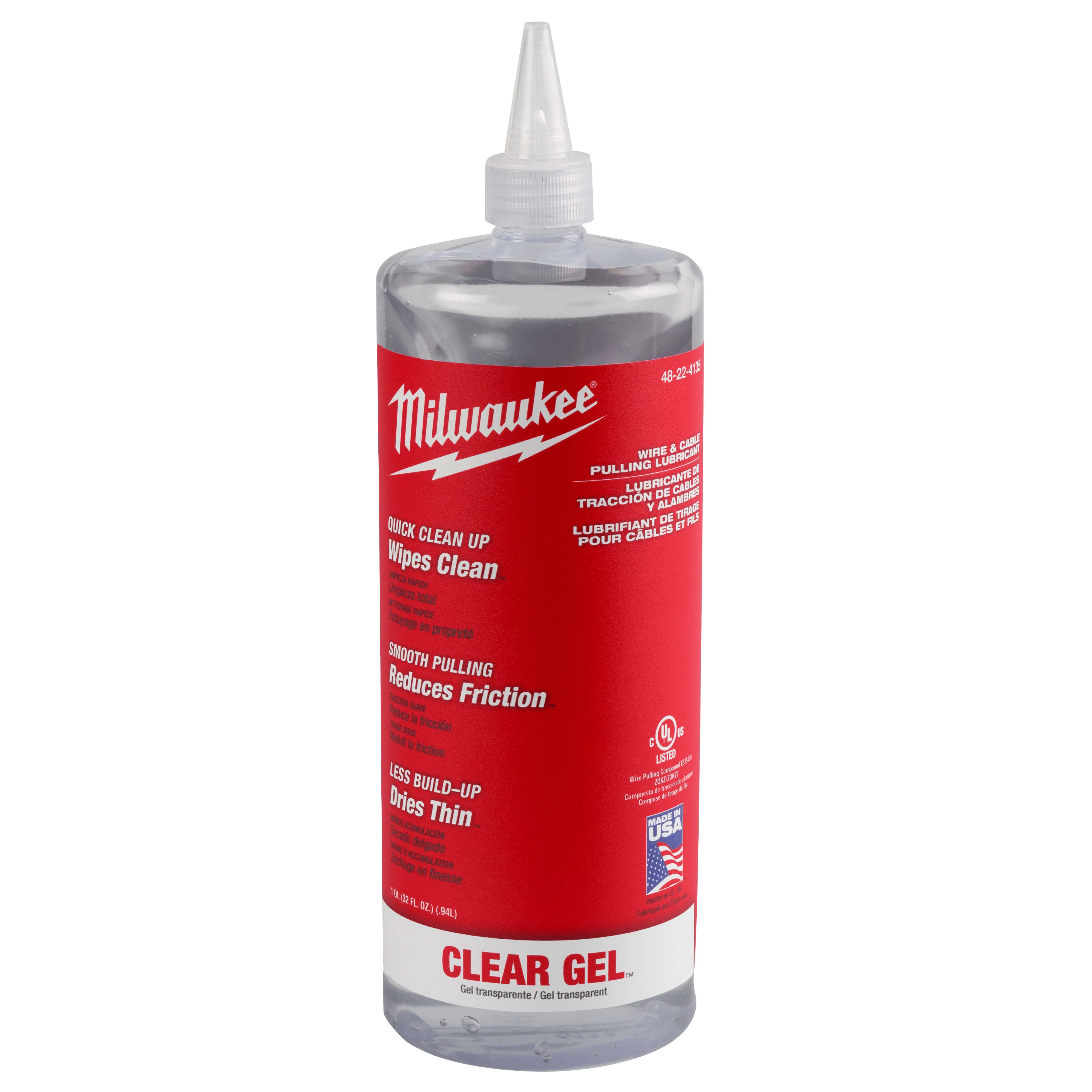 Milwaukee Wire & Cable Pulling Clear Gel Lubricant in a clear plastic bottle with a red label, white text, and a pointed dispenser cap.