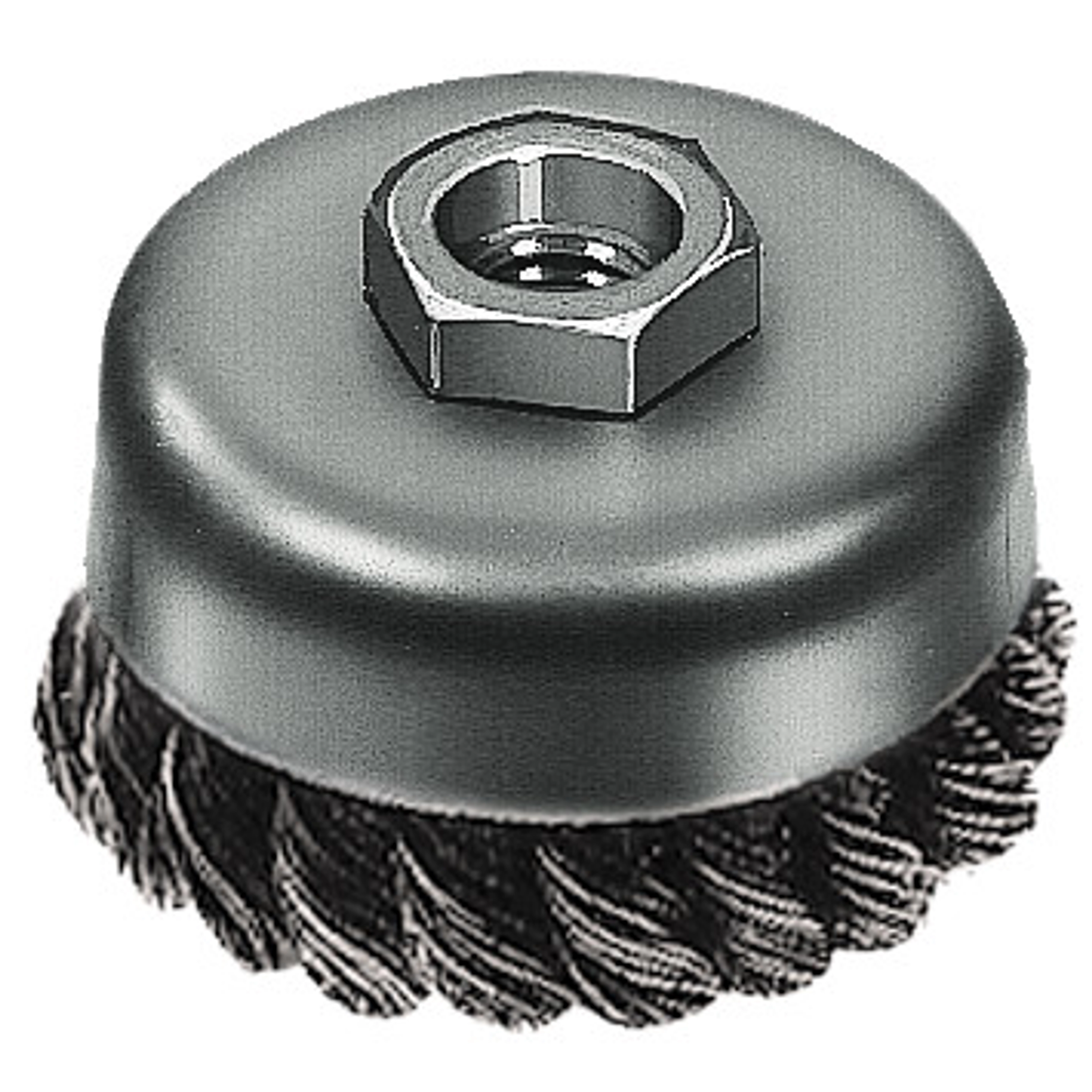 3" Knot Wire Cup Brush with carbon steel block shot features twisted wire bristles for heavy-duty cleaning and surface preparation.