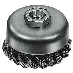3" Knot Wire Cup Brush with carbon steel block shot features twisted wire bristles for heavy-duty cleaning and surface preparation.