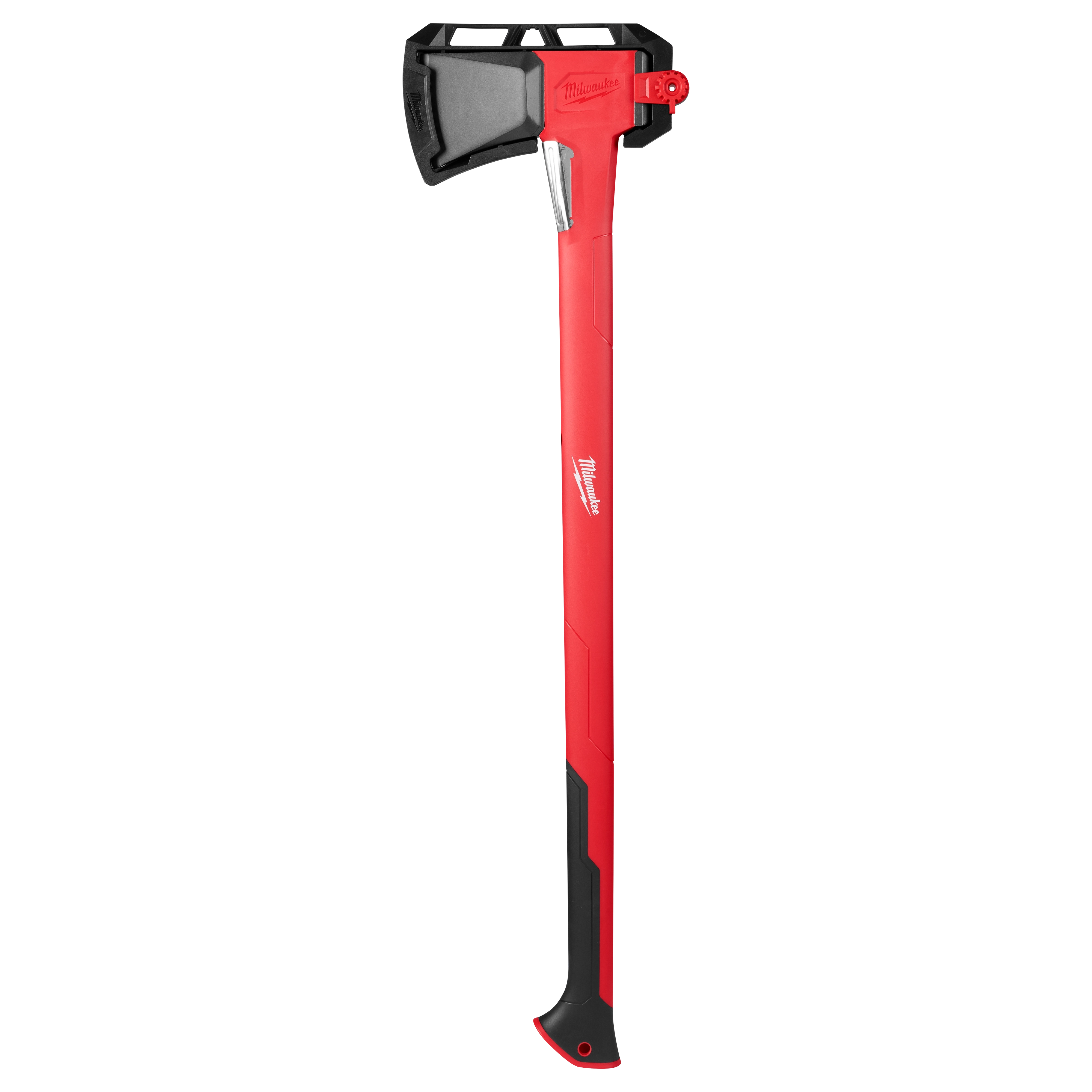 Red 36" Splitting Axe with a black head, black grip, and a hanging hole at the bottom. Designed for heavy-duty wood splitting tasks.