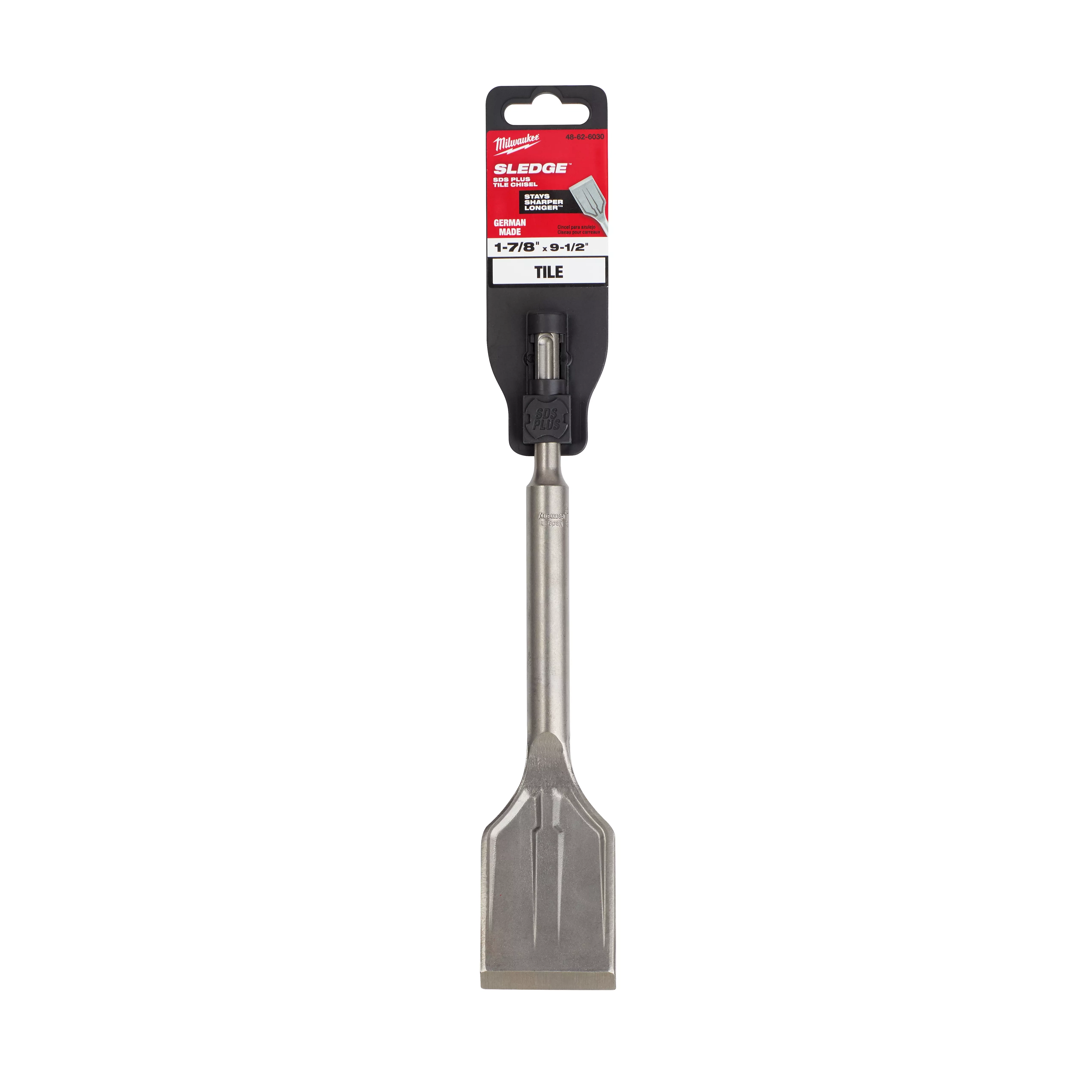 SDS-PLUS SLEDGE 1-7/8" Tile Chisel with gray metal blade and handle, black packaging, and red label detailing product information.