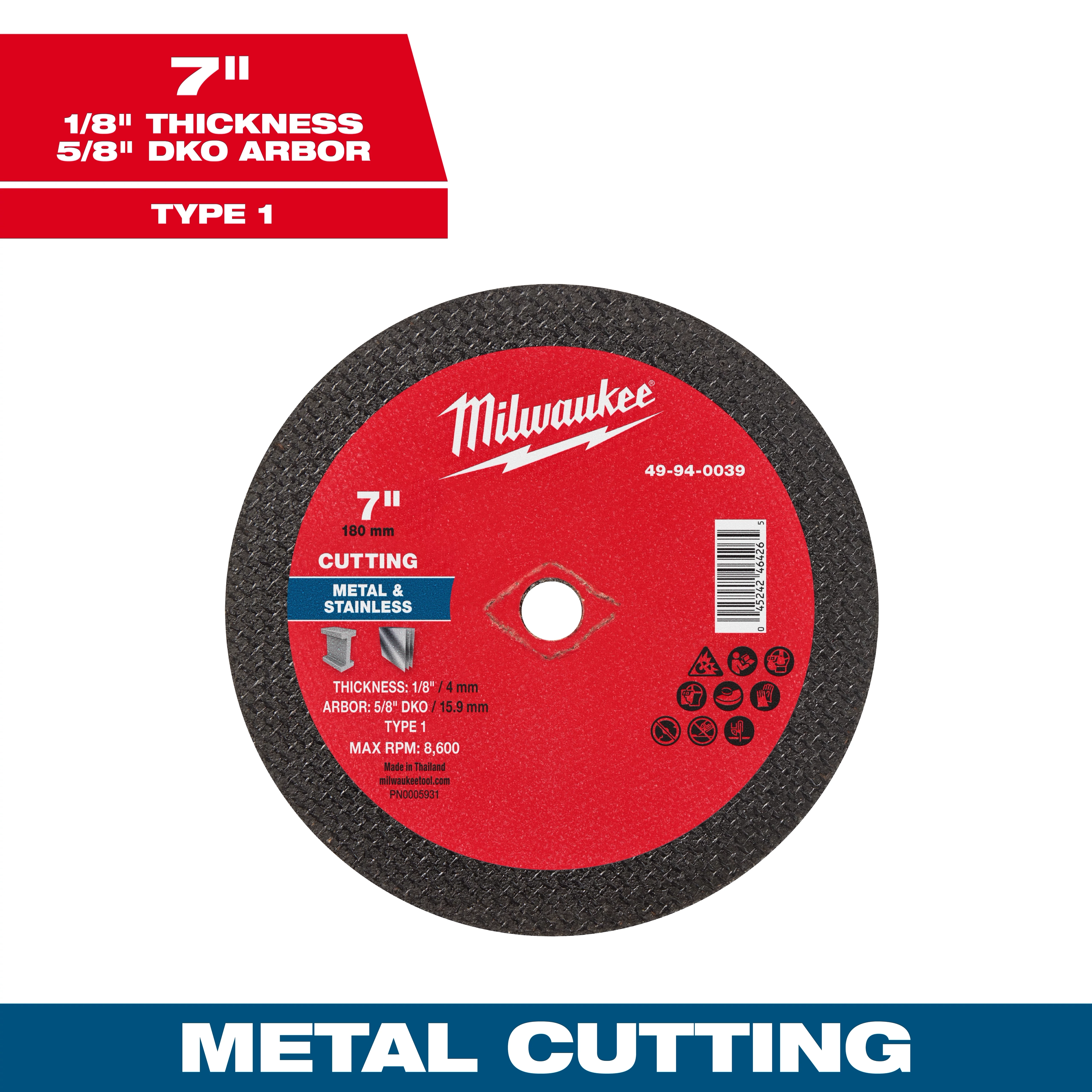 7" x 1/8" x 5/8" DKO Metal Cut Off Wheel - Type 1 with red label for cutting metal and stainless, max RPM 8,600.