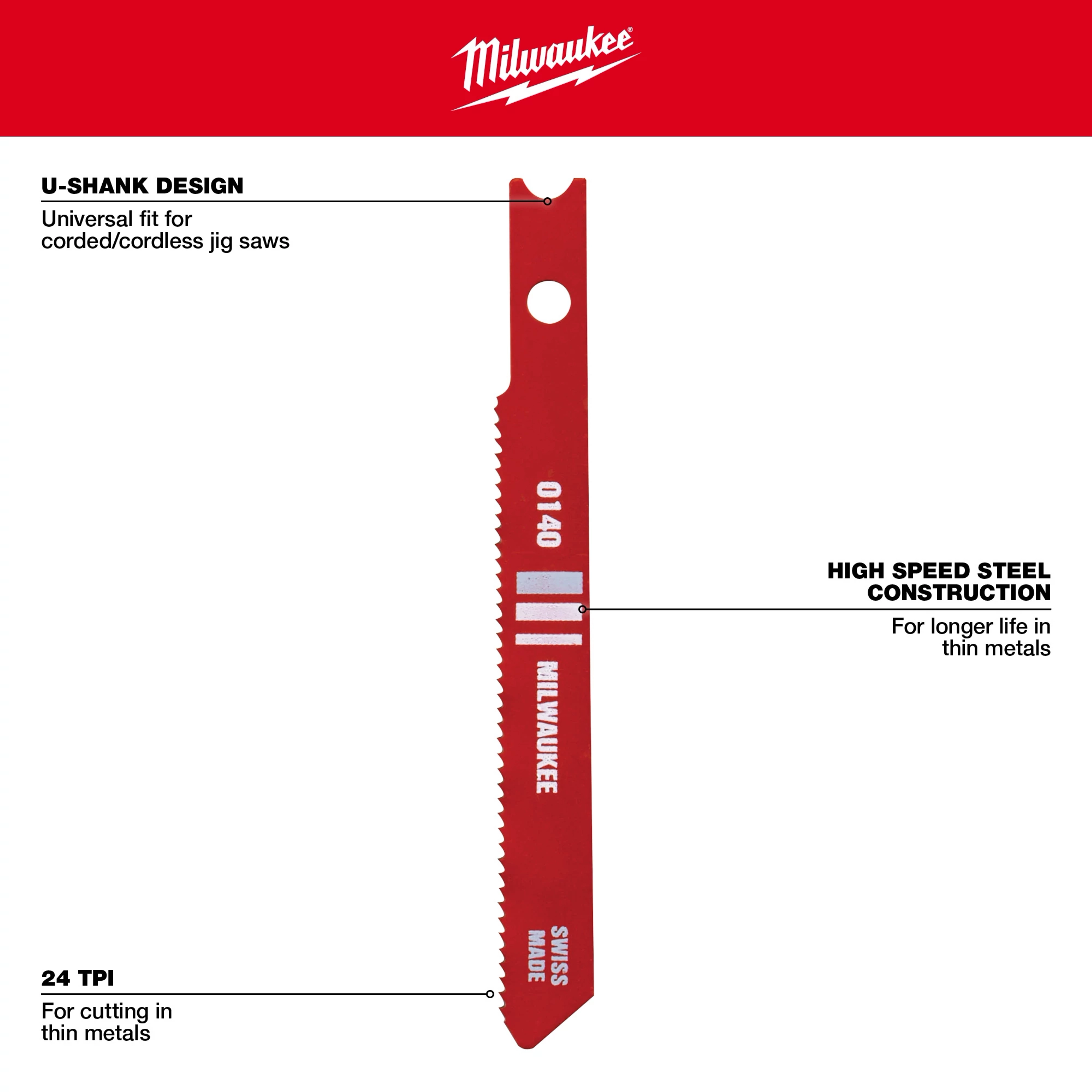 2-3/4" 24TPI U-Shank Metal High Speed Steel Jig Saw Blades 5PK. Red blade with text highlighting universal fit, steel construction, and thin metal cutting.