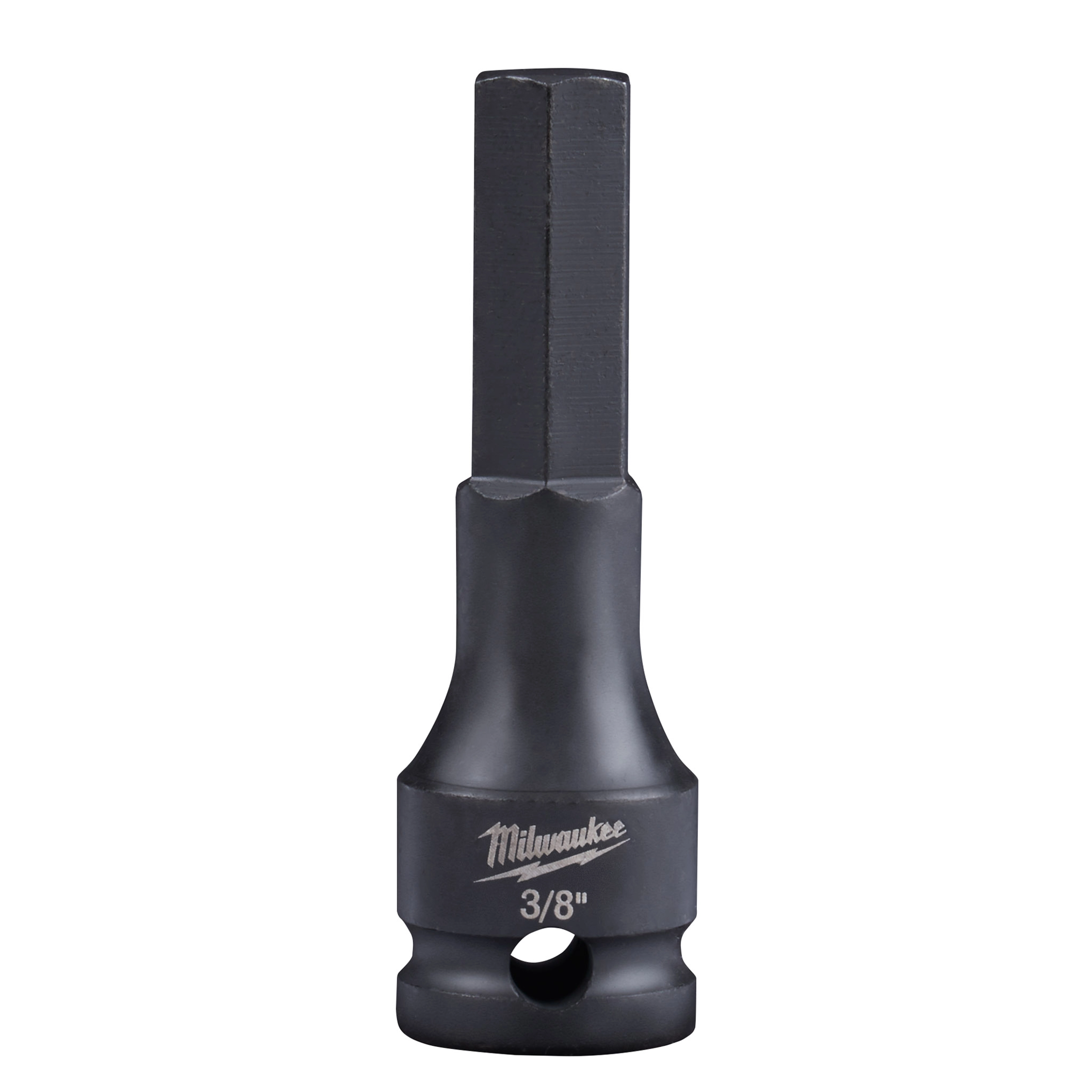 The 3/8" Drive 3/8" Hex Bit Socket is shown in black with a hexagonal bit at the top. The brand logo is engraved on the socket base along with the size marking "3/8"."