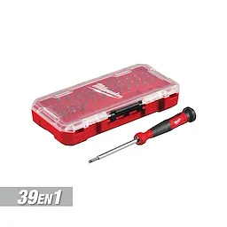 Milwaukee 39-in-1 precision screwdriver set includes a red and black handle and a red case with a transparent lid showing multiple screwdriver bits. The handle features the Milwaukee logo, and the case is also branded. The set is designed for versatile use in various precision tasks.