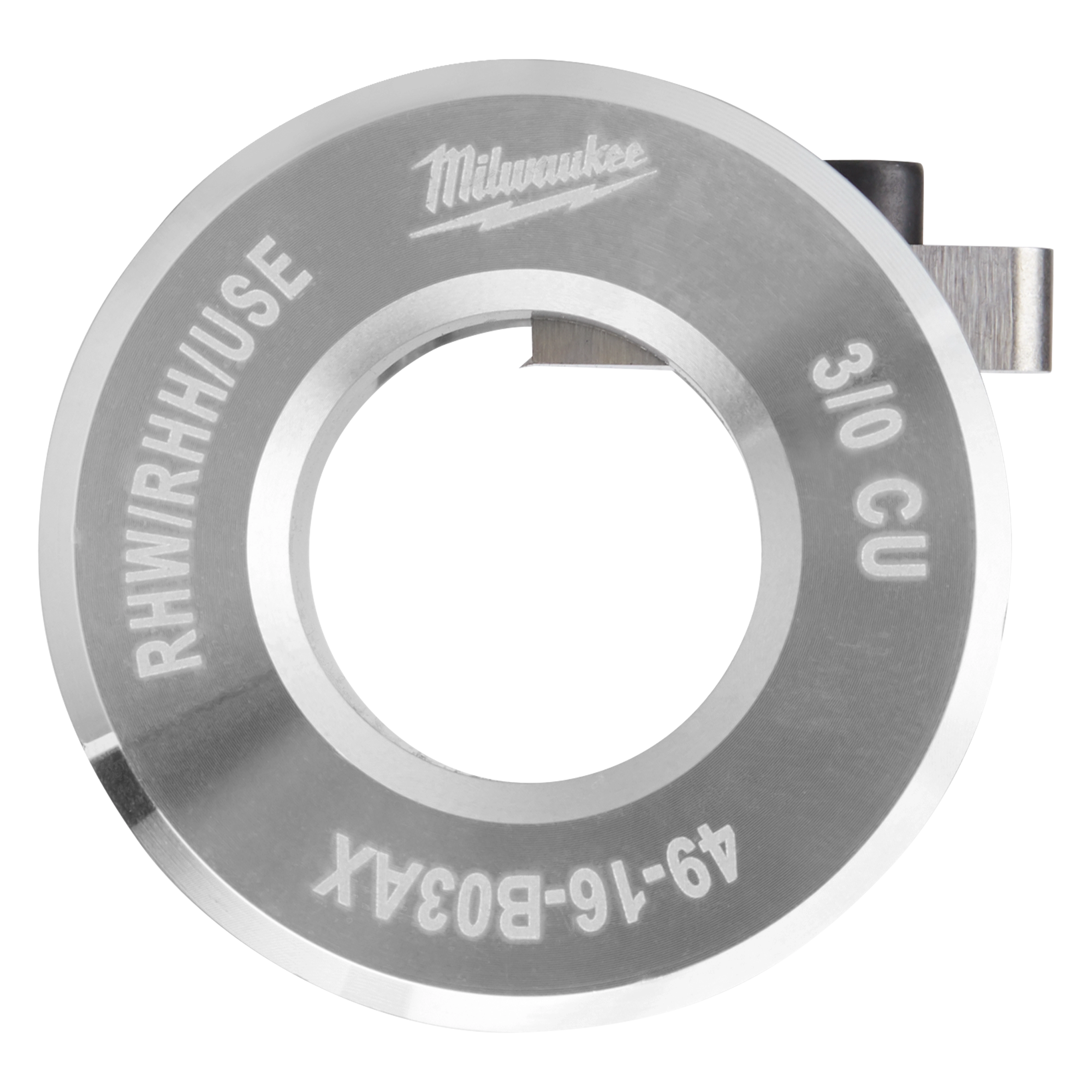 Milwaukee 310 CU pipe threading die with model number 49-16-B03AX, labeled RHWIRHHUSE, circular metal component with central opening.