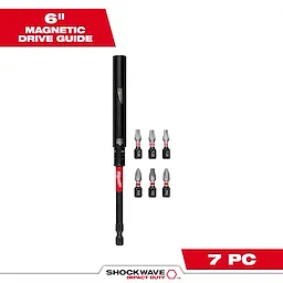 The image shows the SHOCKWAVE™ Impact Duty Magnetic Drive Guide Set - 7PC. It includes a black 6-inch magnetic drive guide and six screwdriver bits, each labeled for specific screw sizes. The set is designed for impact driver use, providing enhanced durability and magnetism for secure driving.