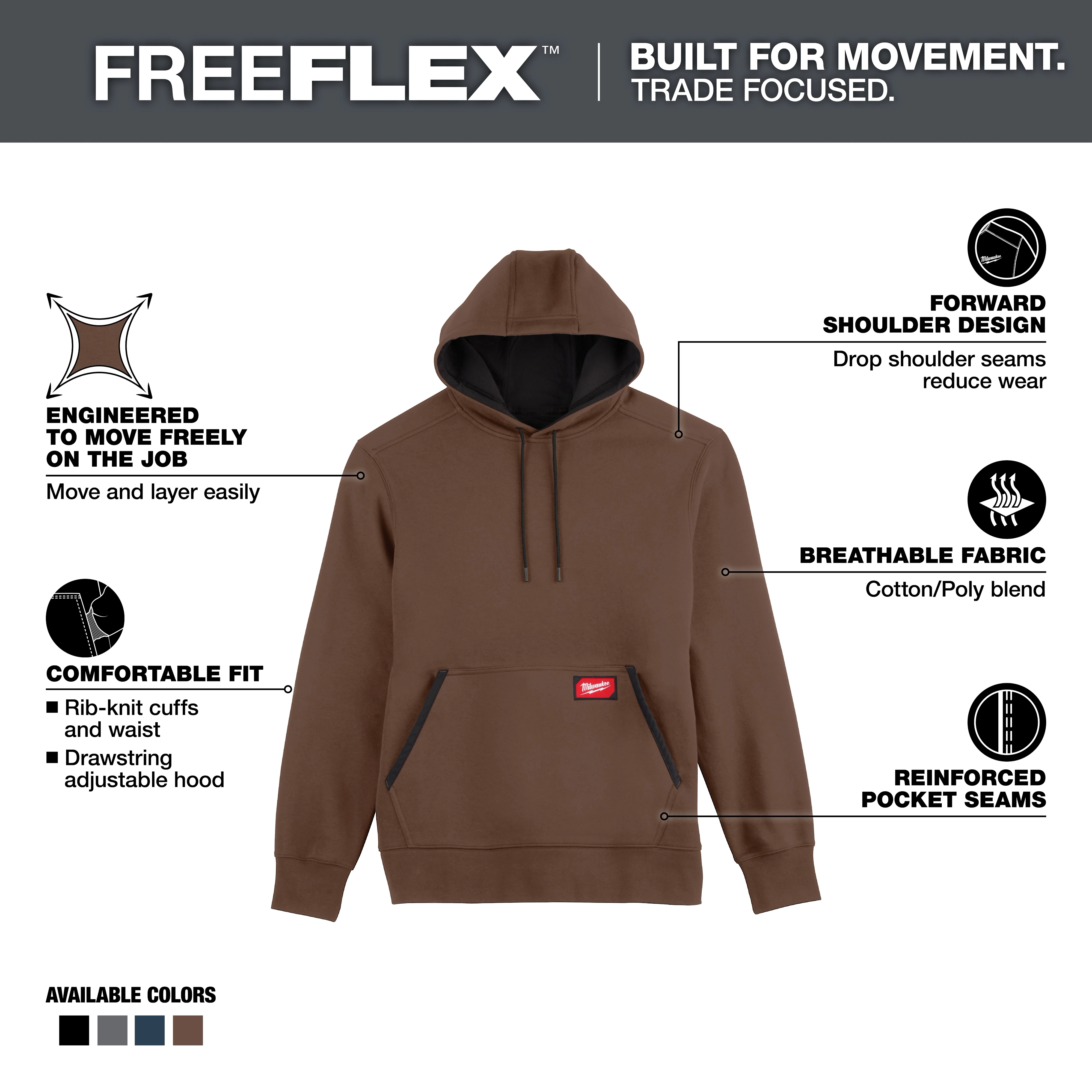 Midweight Pullover Hoodie in brown with rib-knit cuffs, drawstring adjustable hood, breathable fabric, and reinforced pocket seams. Available in three colors.