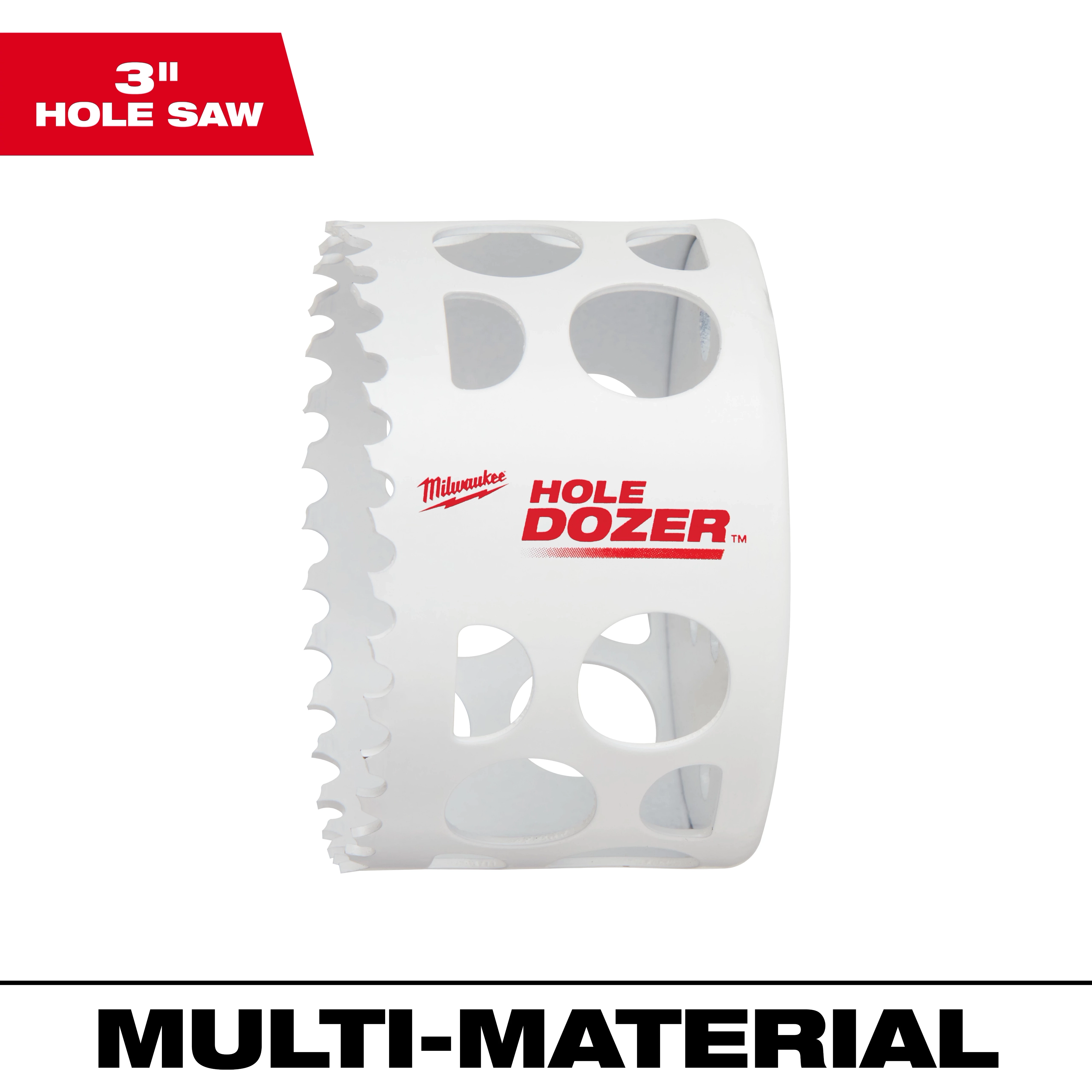 Milwaukee 3" Hole Dozer Bi-Metal Hole Saw with a white body and red logo, designed for cutting through multiple materials.