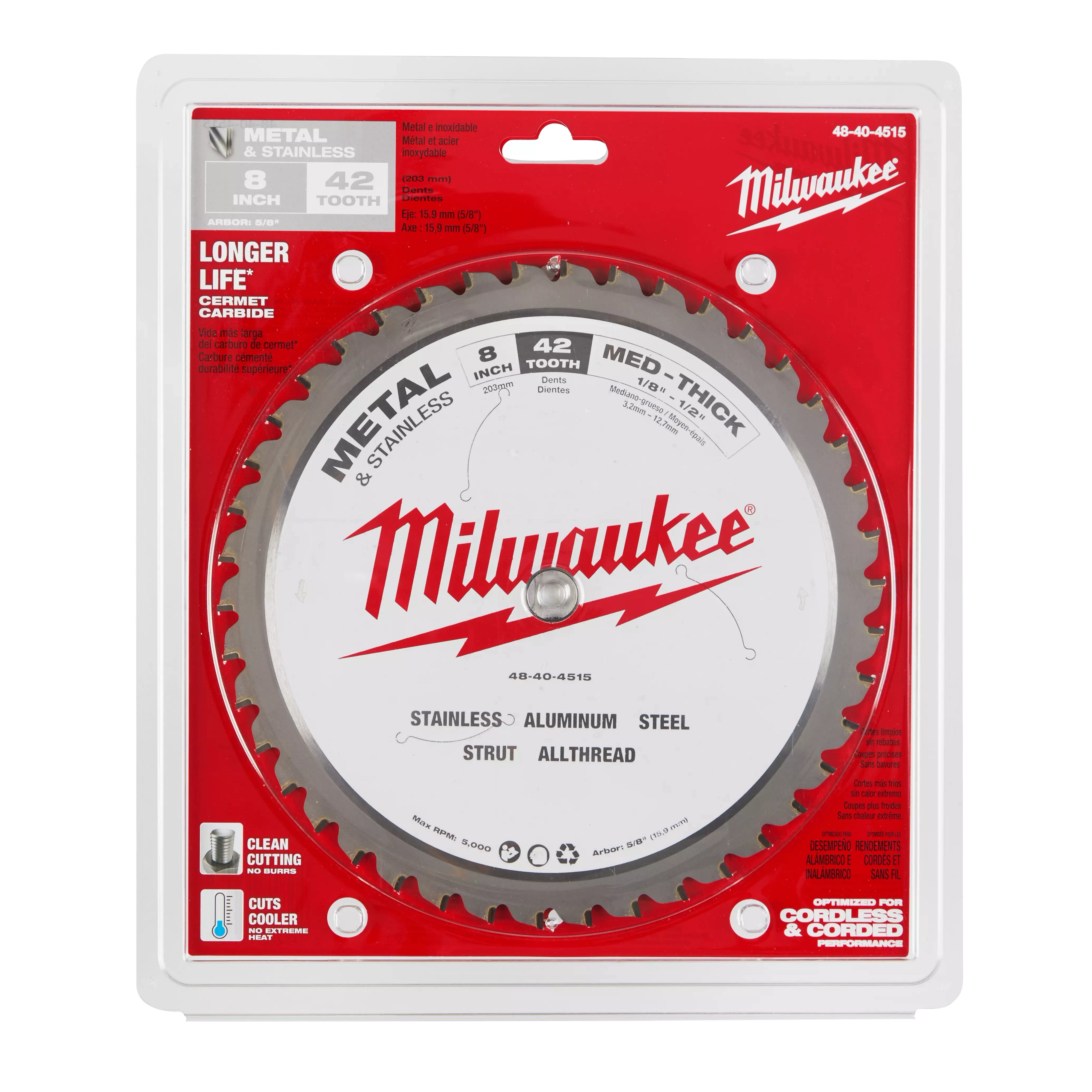8” Metal Cutting Circular Saw Blade with 42 teeth in a red and white package, designed for cutting stainless steel, aluminum, and steel.