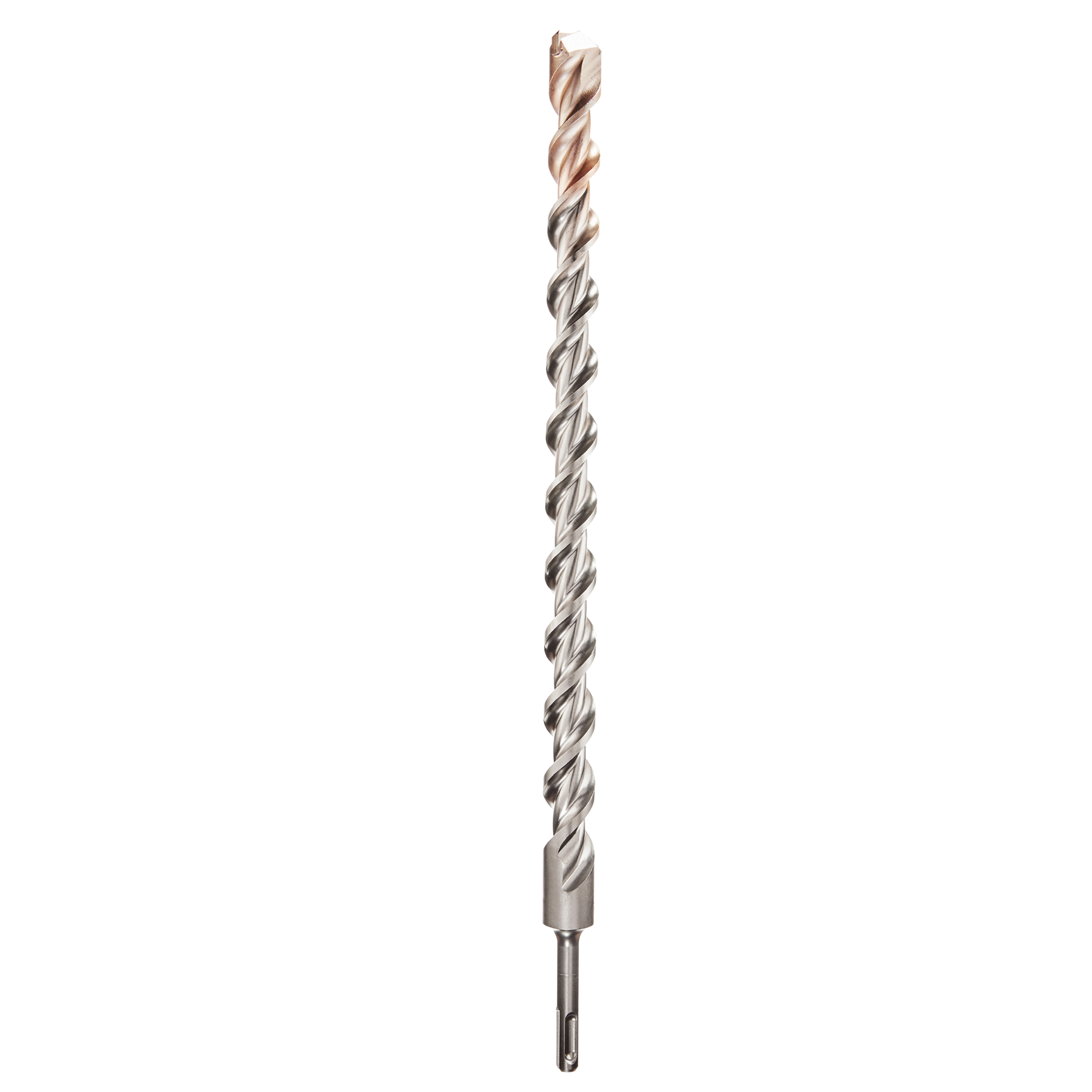SDS Plus M2 2-Cutter Drill Bits 2CT 1" X 16" X 18" features a spiral design for efficient drilling. The bit has a metallic finish with a pointed tip and is intended for heavy-duty use in construction and masonry. Components are visible without brand markings.