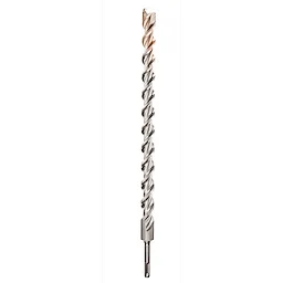 SDS Plus M2 2-Cutter Drill Bits 2CT 1" X 16" X 18" features a spiral design for efficient drilling. The bit has a metallic finish with a pointed tip and is intended for heavy-duty use in construction and masonry. Components are visible without brand markings.