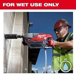 Worker drilling a brick wall with Milwaukee MX Fuel equipment using Diamond Ultra Wet Core Bits. Text reads "For Wet Use Only."