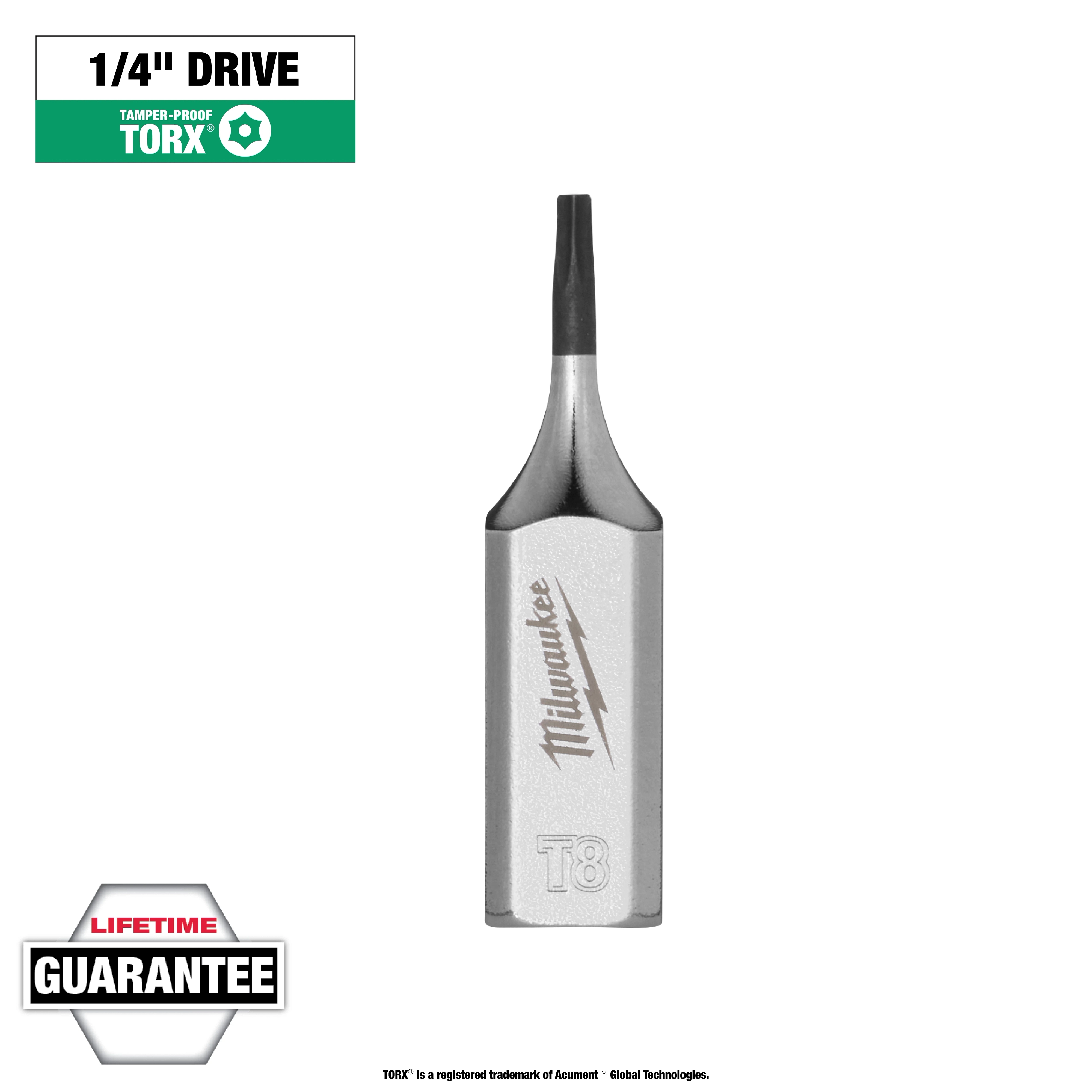 1/4" Drive T8 Tamper Proof TORX Bit Socket with visible branding and a "Lifetime Guarantee" label at the bottom.