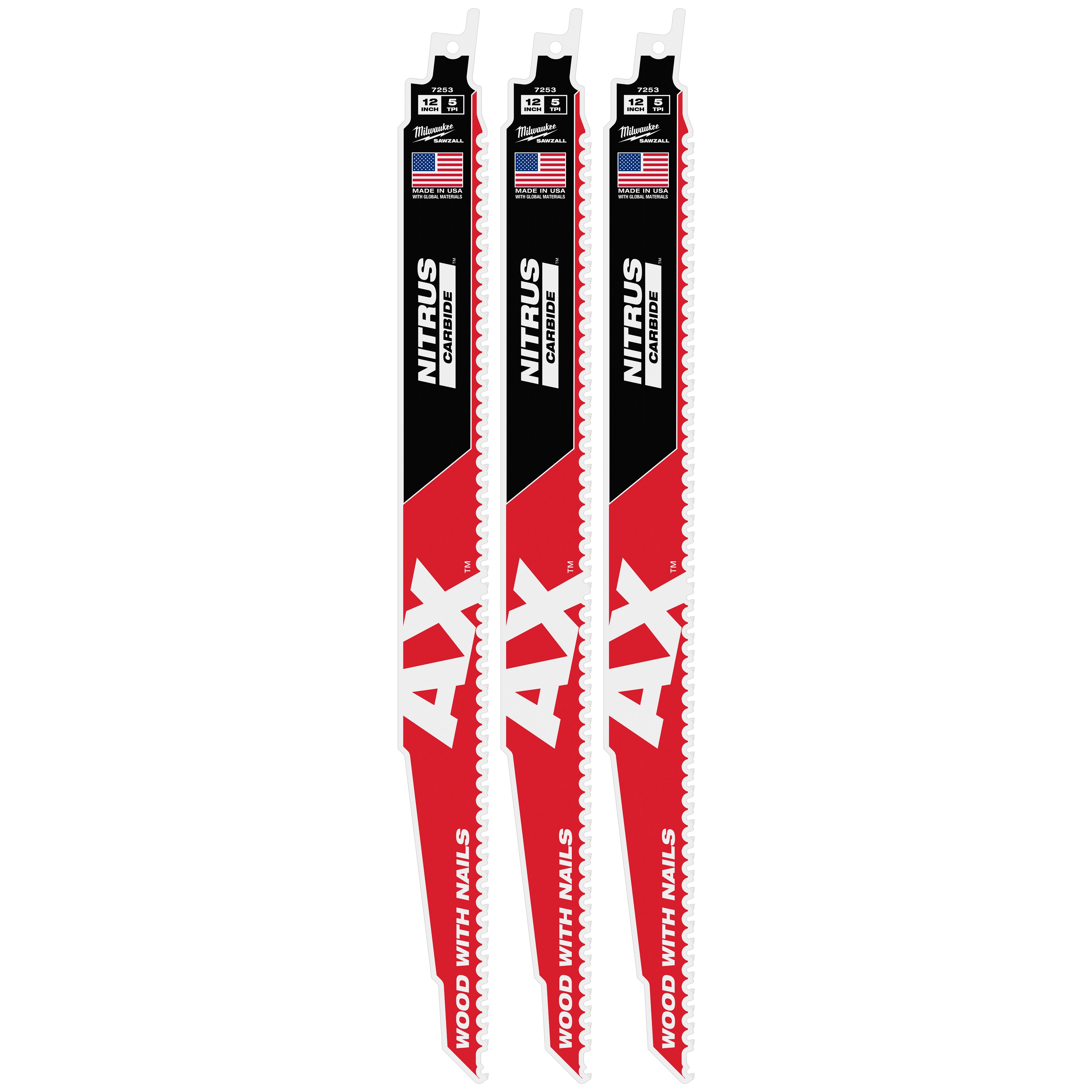 The 12" 5 TPI AX™ with NITRUS™ Carbide Teeth SAWZALL® Blade for Wood with Nails 3PK features three cutting blades designed for wood with embedded nails. The blades are black and red with white text "AX" and "NITRUS CARBIDE" and have an American flag on the top.
