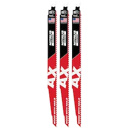 The 12" 5 TPI AX™ with NITRUS™ Carbide Teeth SAWZALL® Blade for Wood with Nails 3PK features three cutting blades designed for wood with embedded nails. The blades are black and red with white text "AX" and "NITRUS CARBIDE" and have an American flag on the top.
