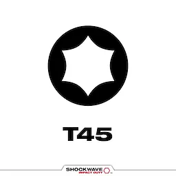 The image shows the SHOCKWAVE™ T45 Tip Type, featuring a black Torx tip icon above the text "T45" on a white background. It is designed for impact duty, as indicated by the "SHOCKWAVE IMPACT DUTY" logo at the bottom.