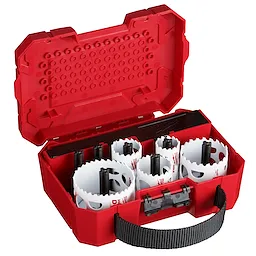 A red carrying case with a 9 PC LARGE HOLE DOZER KIT. The kit includes various sizes of hole saws stored securely in the container.