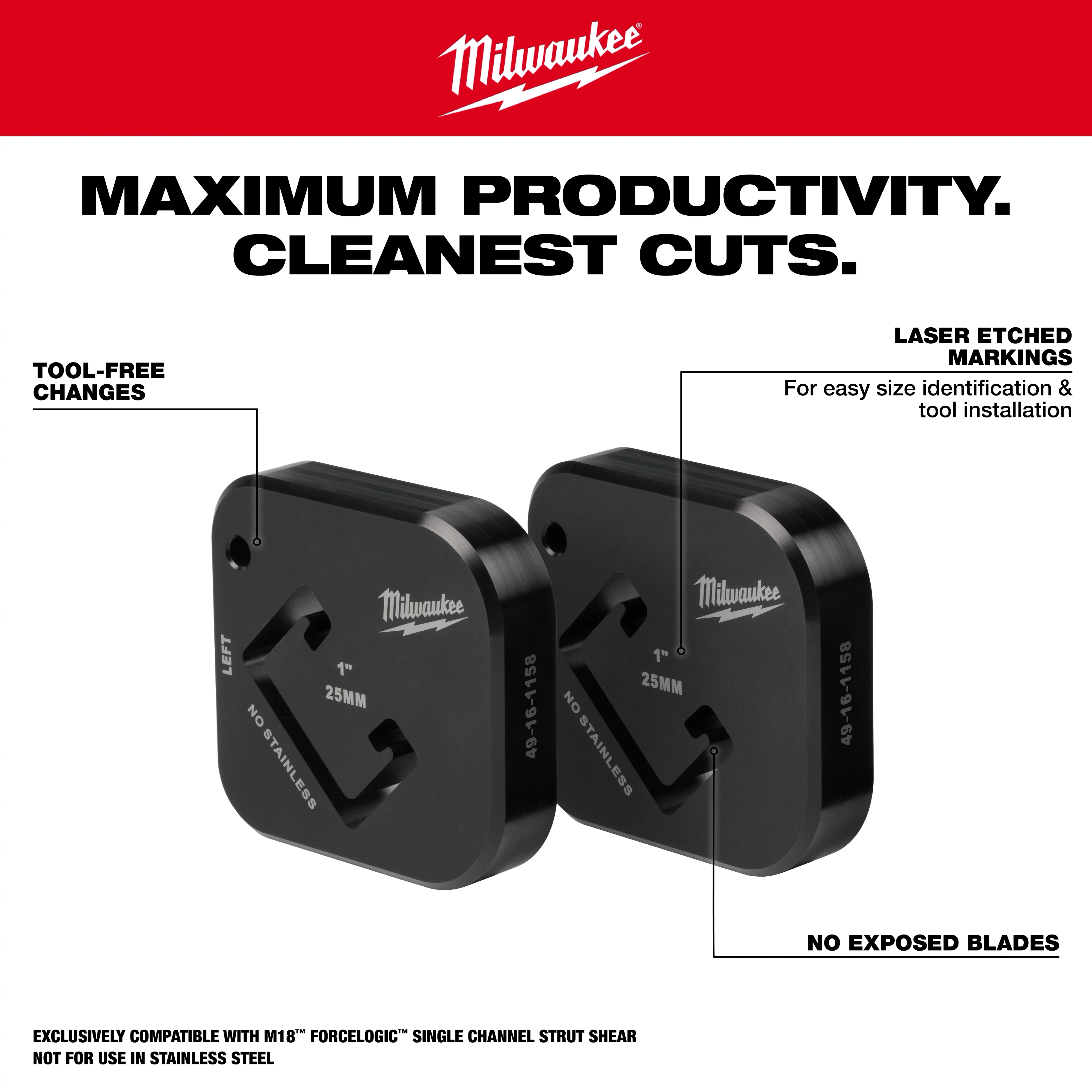 Two black Milwaukee cutting tool components with laser-etched markings, promoting maximum productivity and clean cuts.