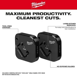 Two black Milwaukee cutting tool components with laser-etched markings, promoting maximum productivity and clean cuts.