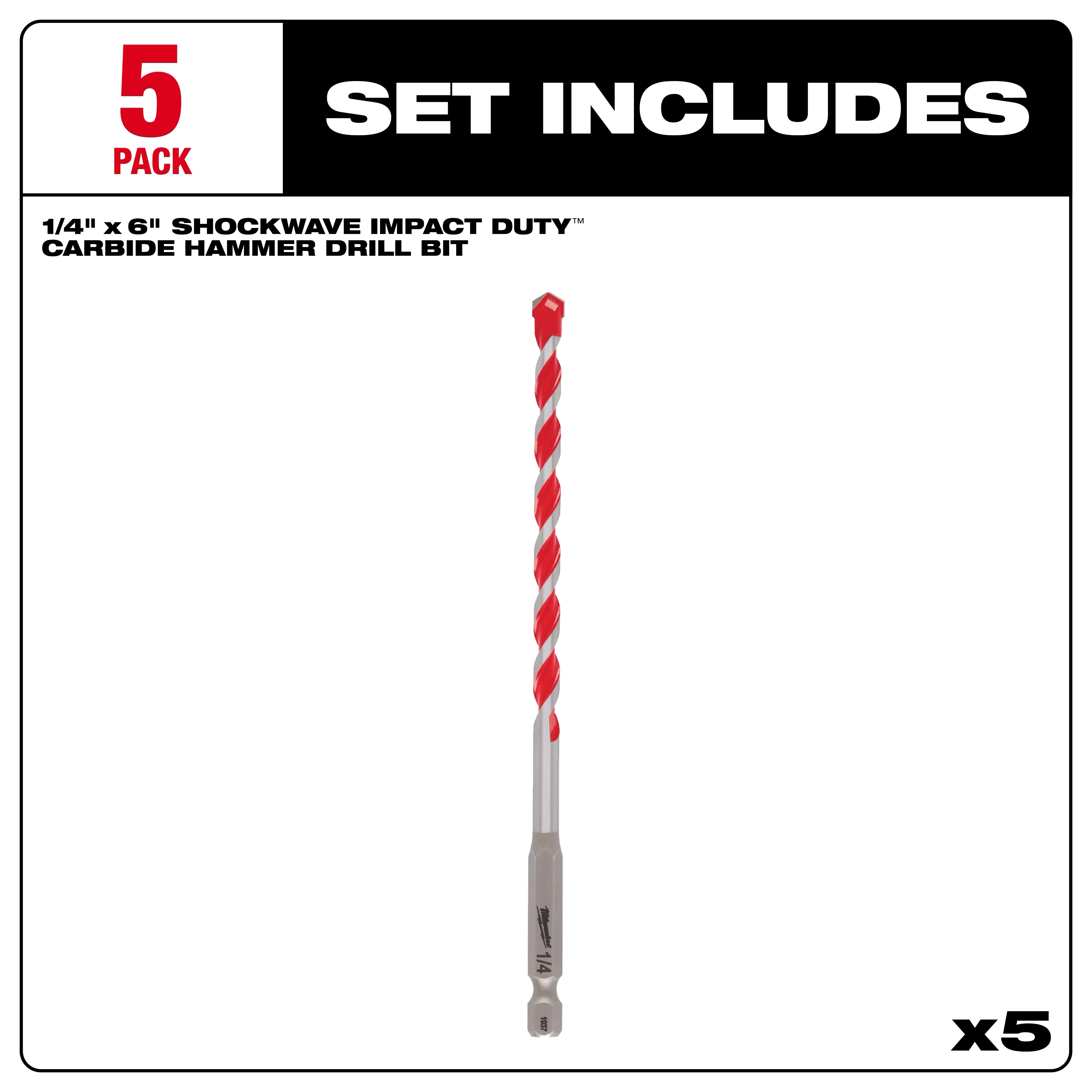 HAMRDRILL 1/4" X 4" X 6" 5PK includes five 1/4-inch x 6-inch carbide hammer drill bits, each with a red and silver spiral design.