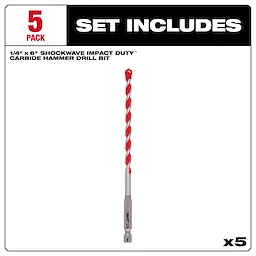 HAMRDRILL 1/4" X 4" X 6" 5PK includes five 1/4-inch x 6-inch carbide hammer drill bits, each with a red and silver spiral design.