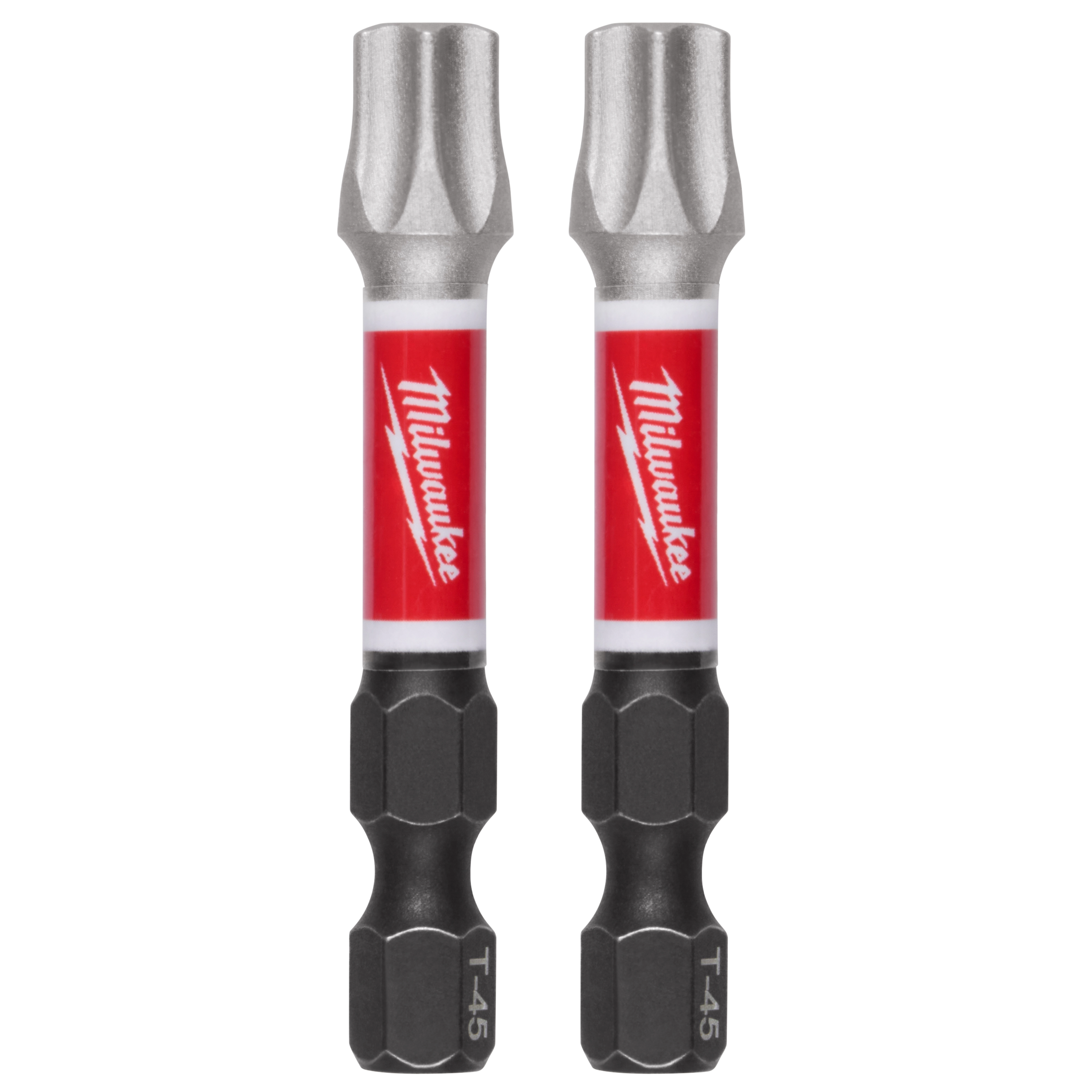 Two Milwaukee T-45 screwdriver bits are shown. The bits have a silver top, a red and white center with the Milwaukee logo, and a black hexagonal bottom. The red part features the Milwaukee logo diagonally with a lightning bolt design.