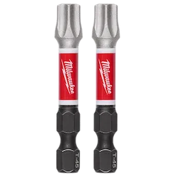 Two Milwaukee T-45 screwdriver bits are shown. The bits have a silver top, a red and white center with the Milwaukee logo, and a black hexagonal bottom. The red part features the Milwaukee logo diagonally with a lightning bolt design.