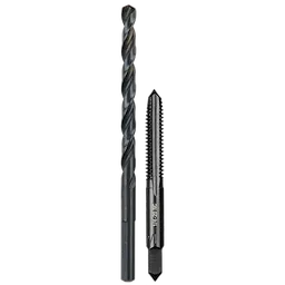 1/4"-20 Straight Flute Plug Tap & #7 Drill Bit set, featuring a black drill bit with spiral flutes and a matching tap.